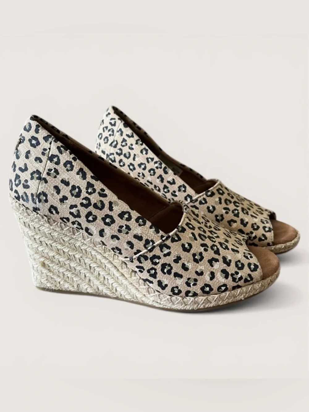 Toms Tan and Black Leopard Animal Print Wedge Peep Toe Sandals